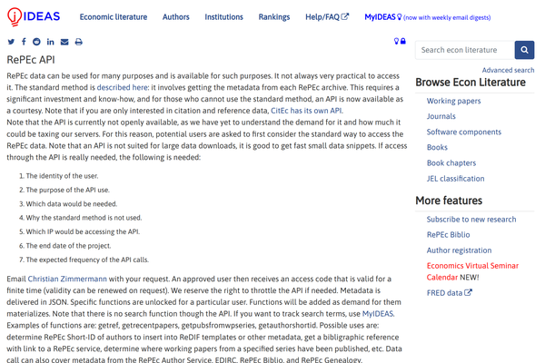 Screenshot of the IDEAS RePEc website